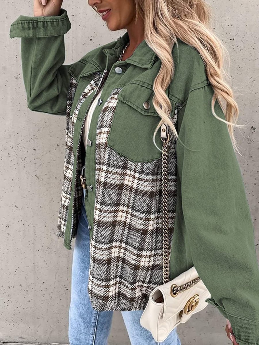 Plaid Button Up Dropped Shoulder Jacket - Outerwear