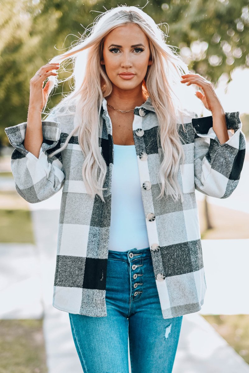 Plaid Button Up Dropped Shoulder Jacket - Outerwear