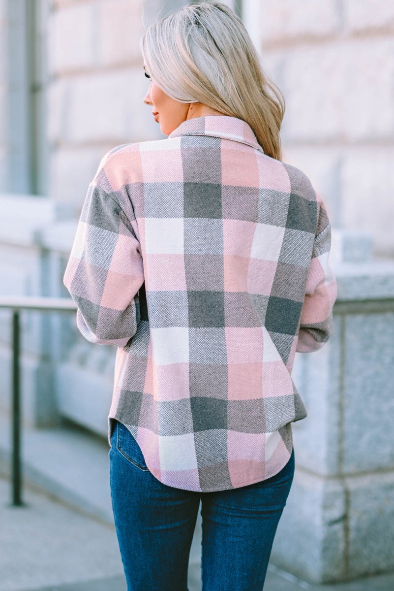 Plaid Button Up Dropped Shoulder Jacket - Outerwear