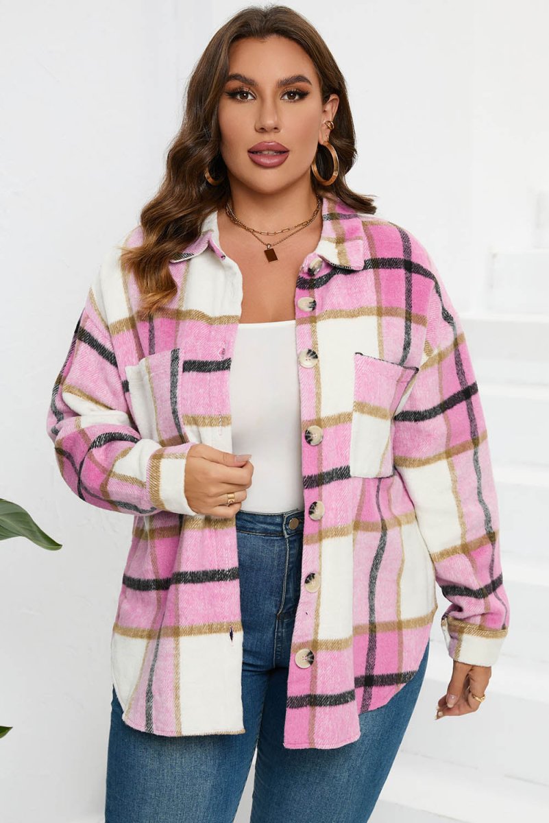 Plaid Button Up Dropped Shoulder Jacket - Outerwear