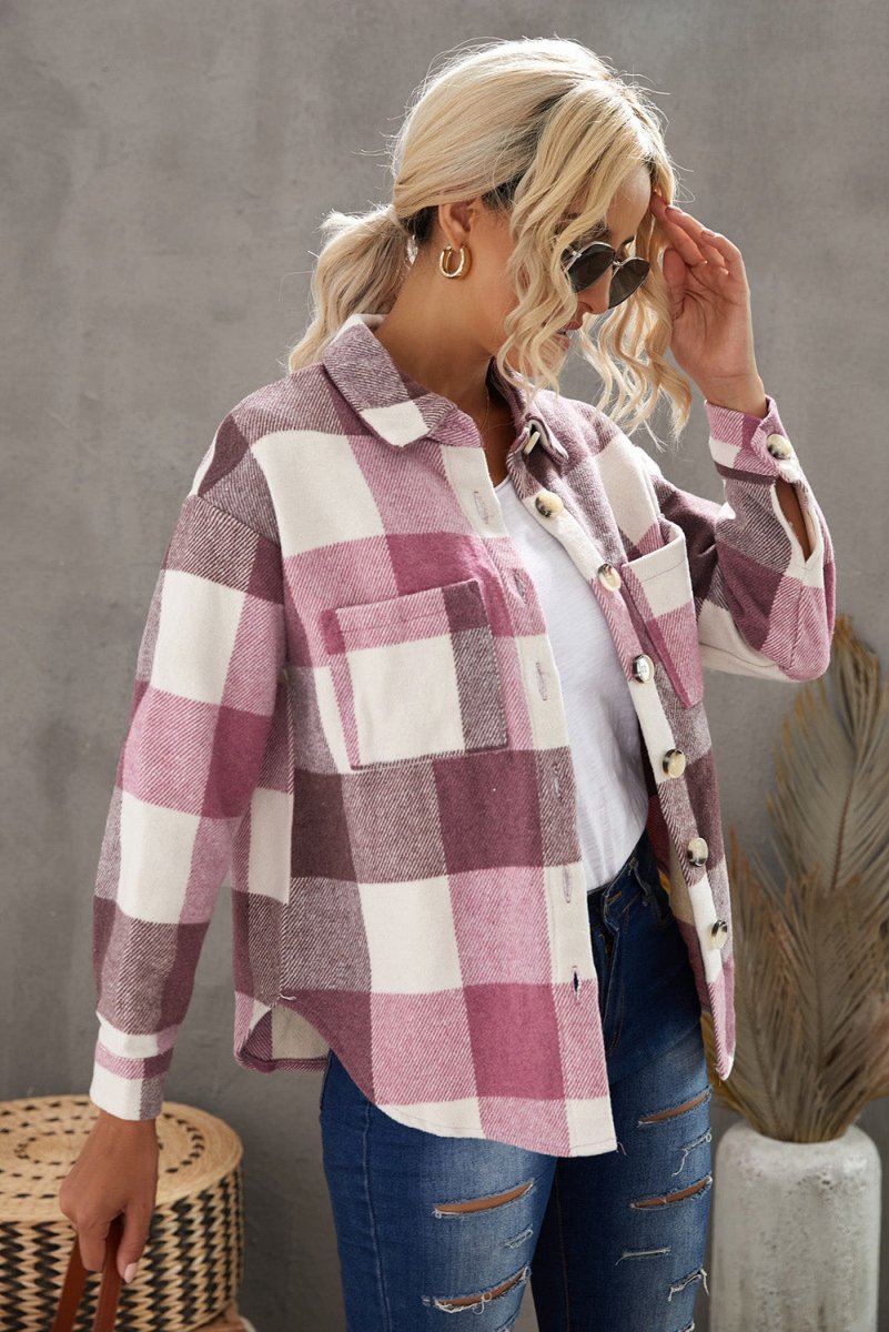Plaid Button Up Dropped Shoulder Jacket - Outerwear