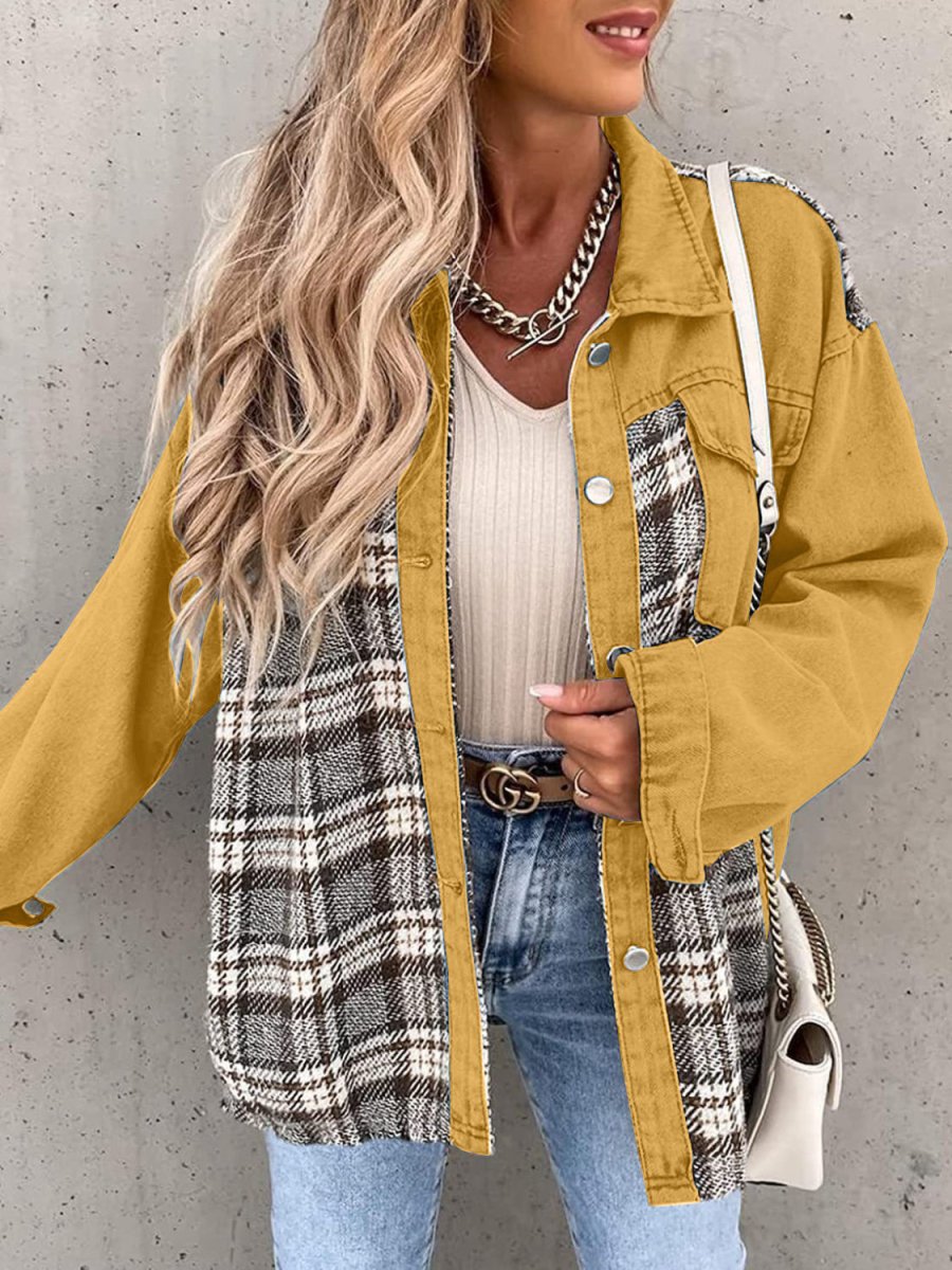 Plaid Button Up Dropped Shoulder Jacket - Outerwear