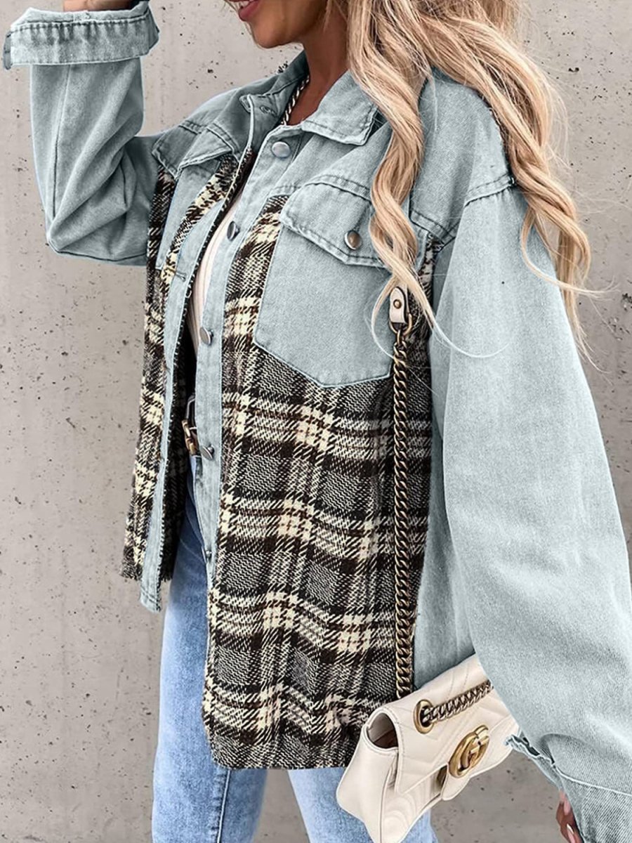 Plaid Button Up Dropped Shoulder Jacket - Outerwear