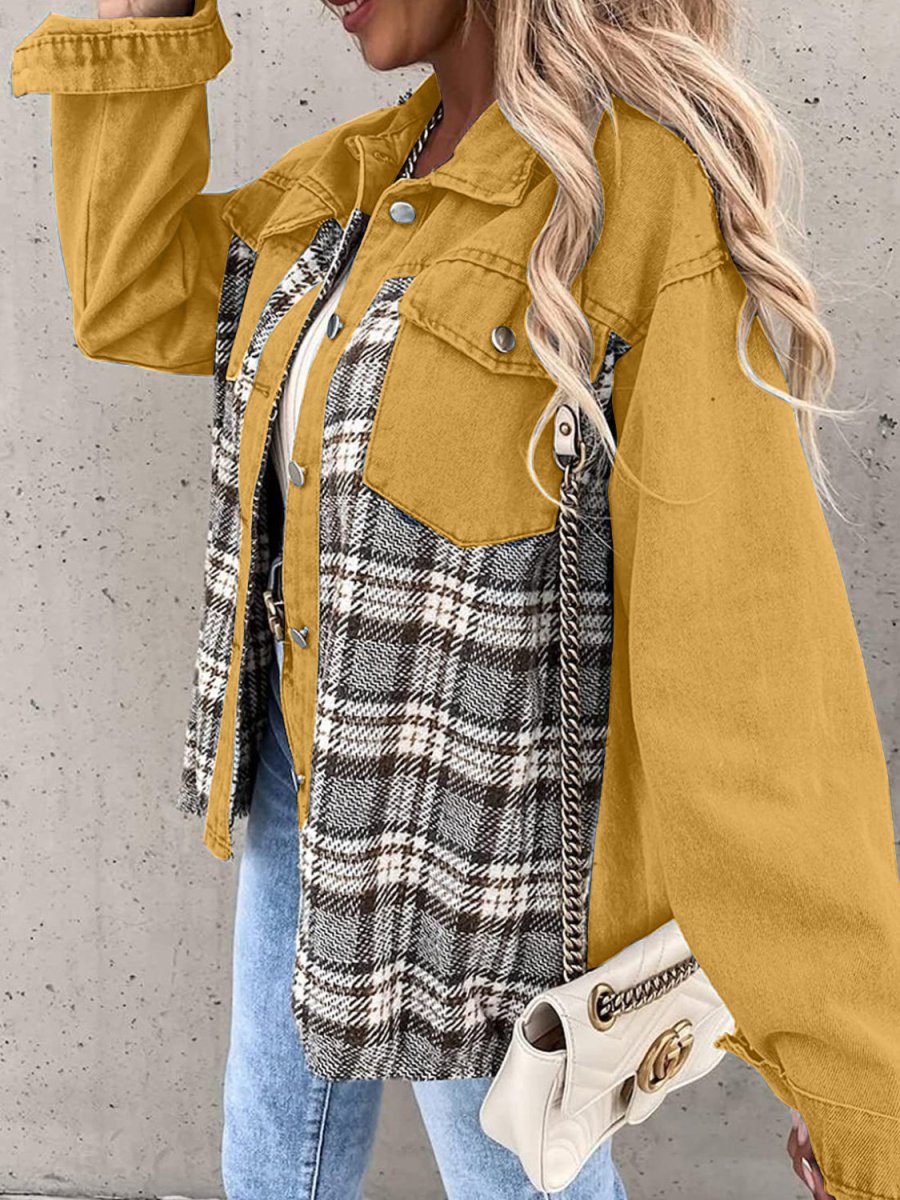 Plaid Button Up Dropped Shoulder Jacket - Outerwear
