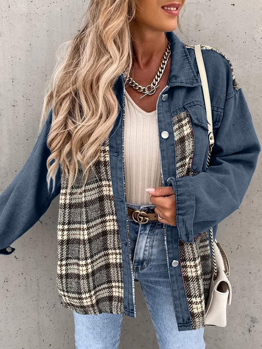 Plaid Button Up Dropped Shoulder Jacket - Outerwear