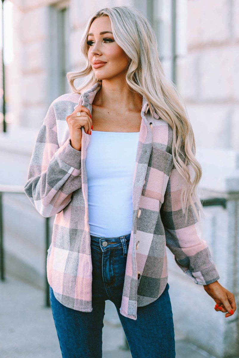 Plaid Button Up Dropped Shoulder Jacket - Outerwear