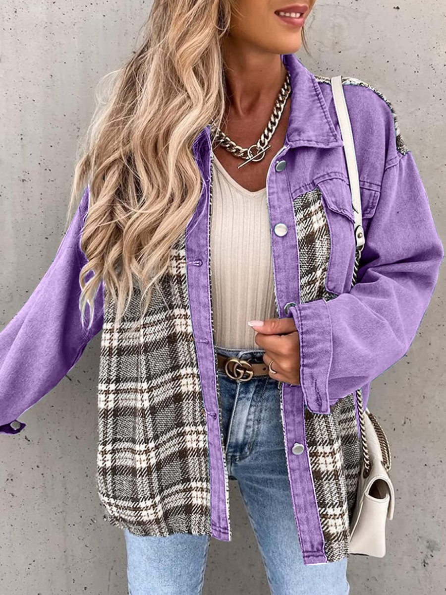 Plaid Button Up Dropped Shoulder Jacket - Outerwear