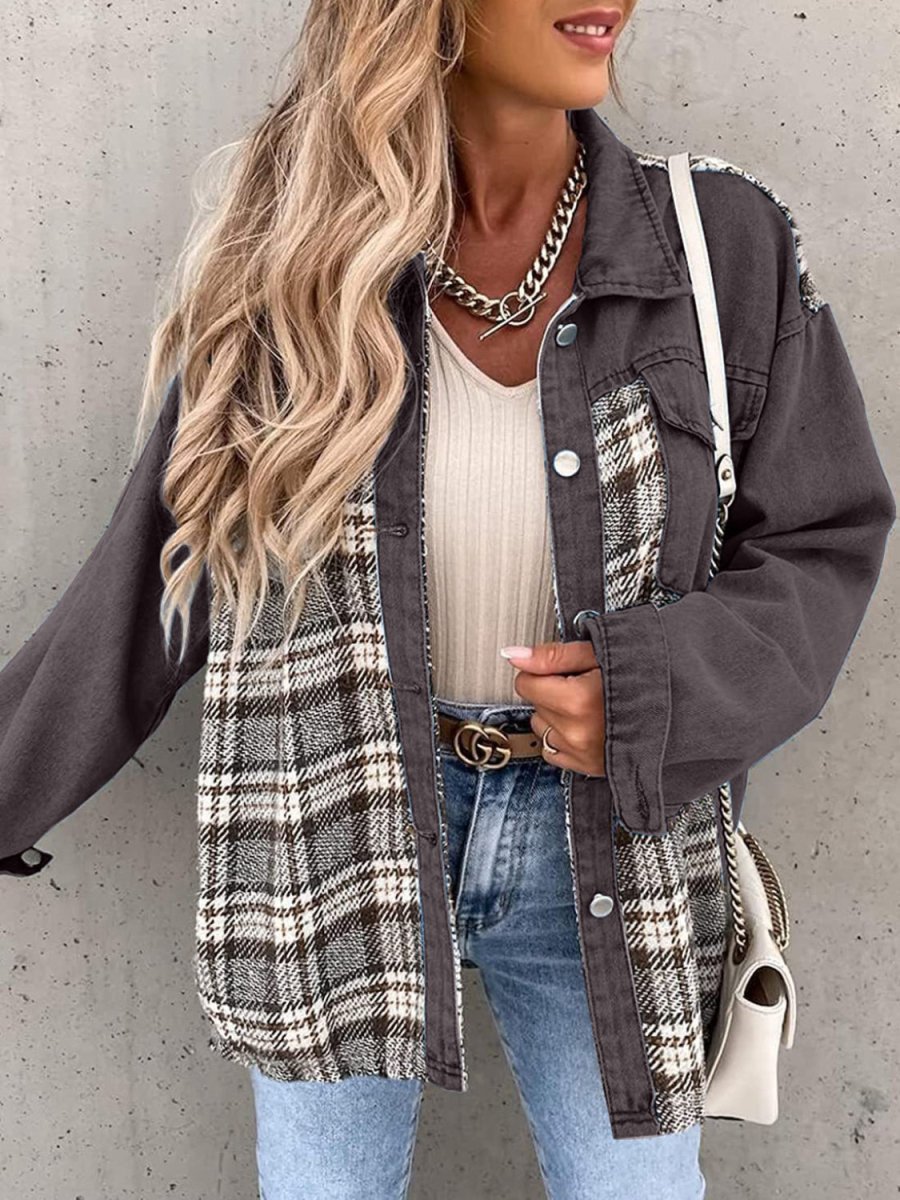 Plaid Button Up Dropped Shoulder Jacket - Outerwear