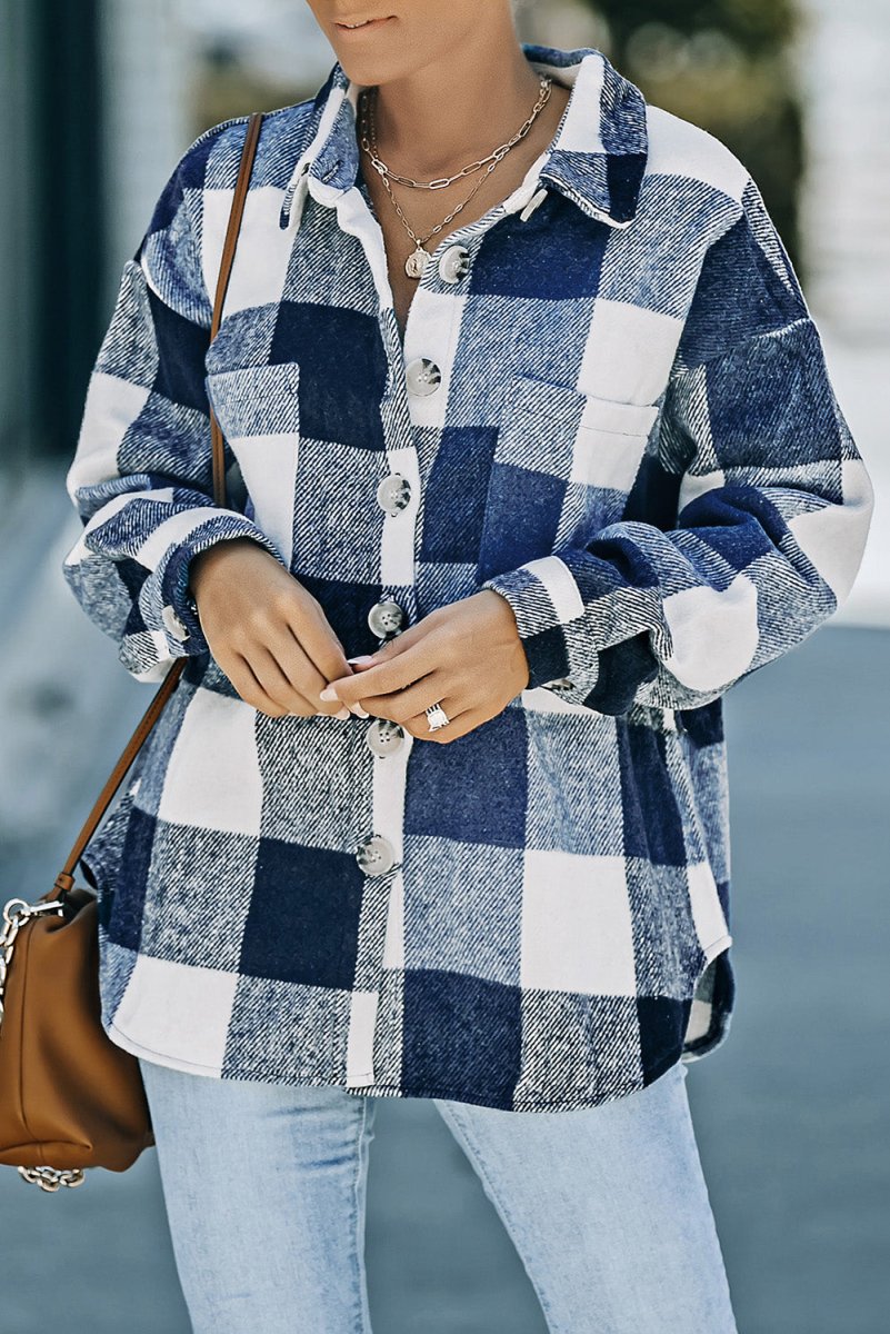 Plaid Button Up Dropped Shoulder Jacket - Outerwear