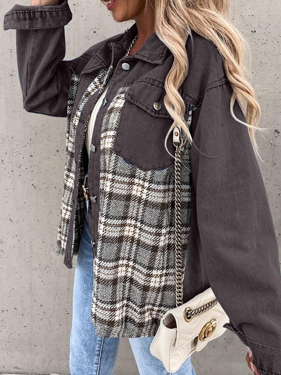 Plaid Button Up Dropped Shoulder Jacket - Outerwear