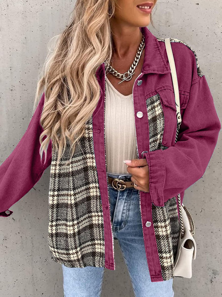 Plaid Button Up Dropped Shoulder Jacket - Outerwear