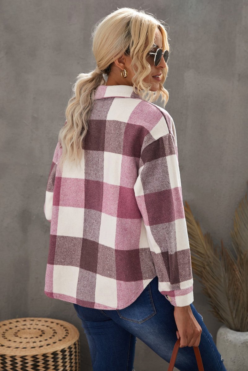 Plaid Button Up Dropped Shoulder Jacket - Outerwear