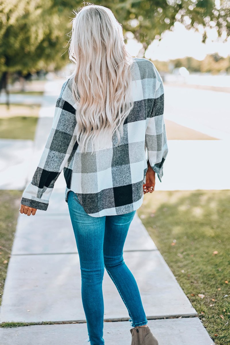 Plaid Button Up Dropped Shoulder Jacket - Outerwear