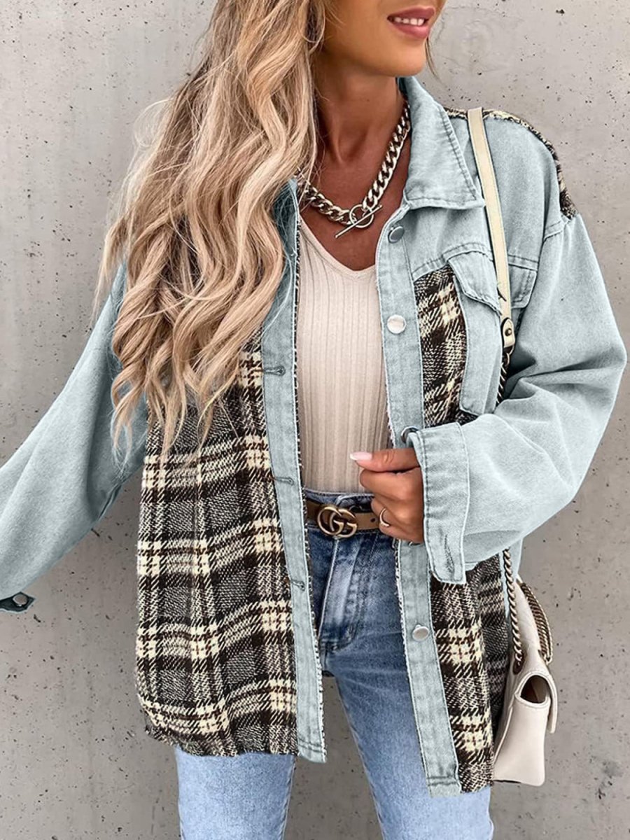 Plaid Button Up Dropped Shoulder Jacket - Outerwear