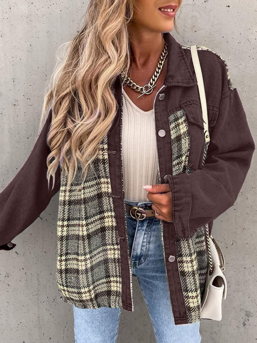 Plaid Button Up Dropped Shoulder Jacket - Outerwear