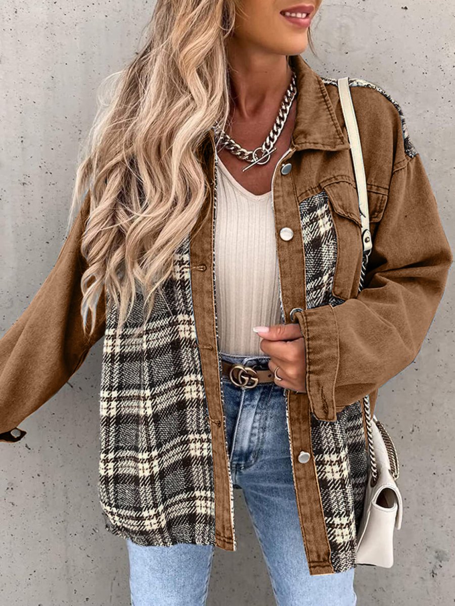 Plaid Button Up Dropped Shoulder Jacket - Outerwear
