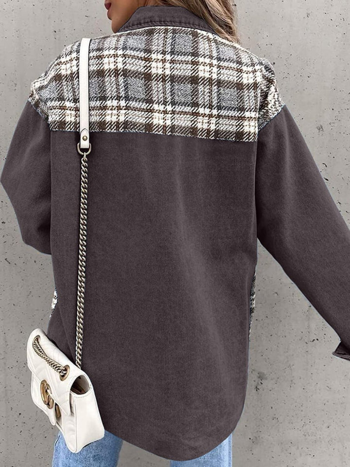 Plaid Button Up Dropped Shoulder Jacket - Outerwear