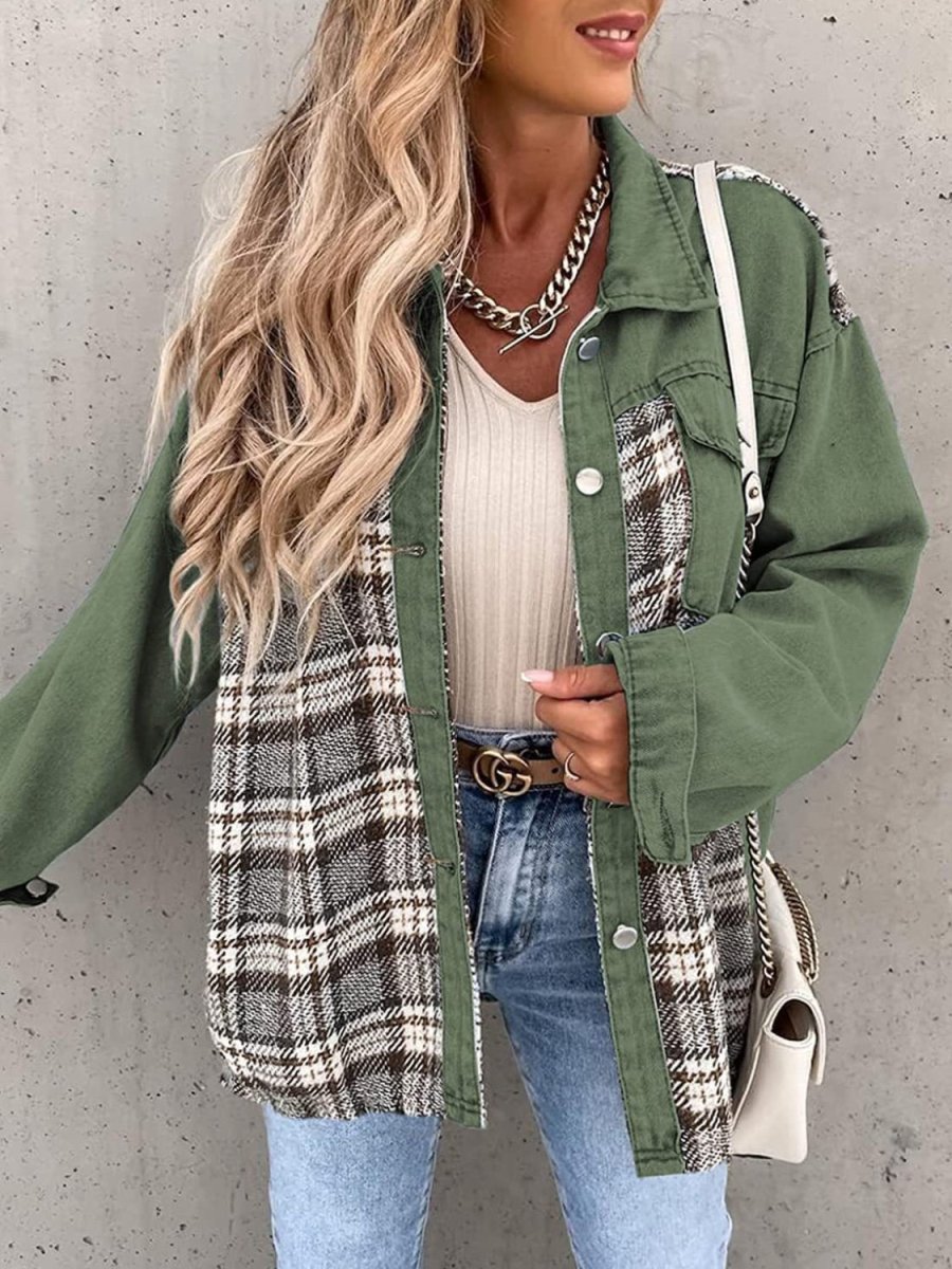 Plaid Button Up Dropped Shoulder Jacket - Outerwear