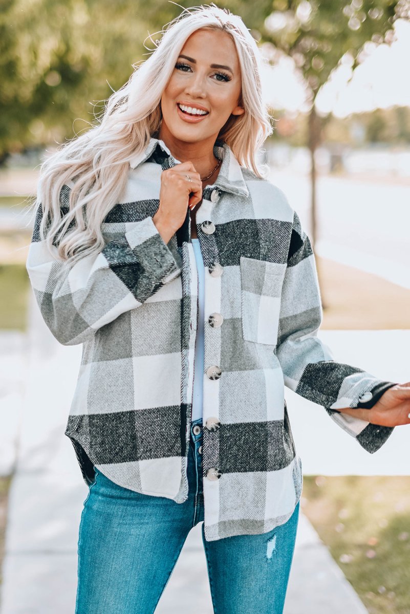 Plaid Button Up Dropped Shoulder Jacket - Outerwear
