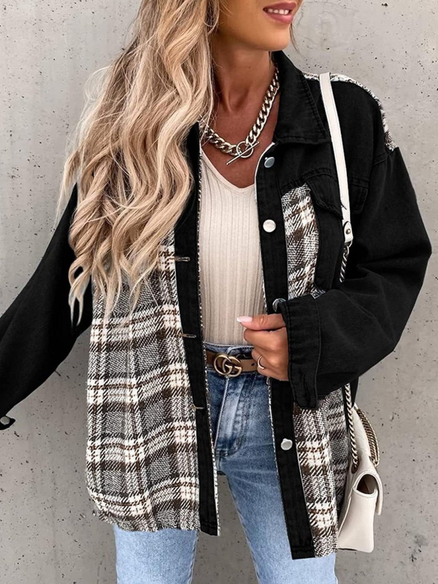 Plaid Button Up Dropped Shoulder Jacket - Outerwear