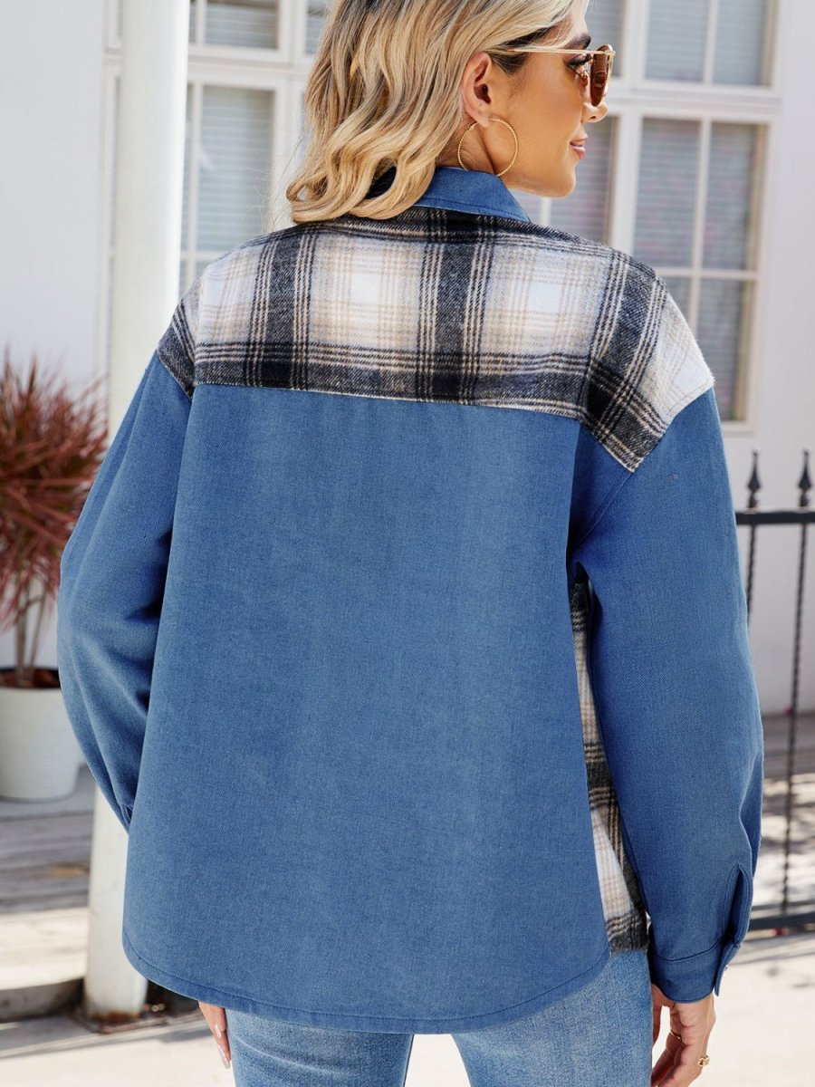 Plaid Button Up Long Sleeve Denim Jacket - Outerwear