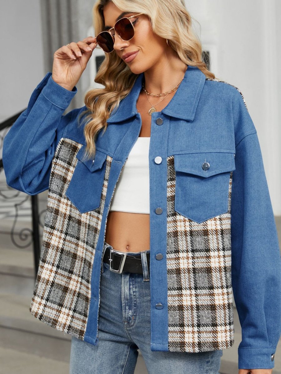 Plaid Button Up Long Sleeve Denim Jacket - Outerwear