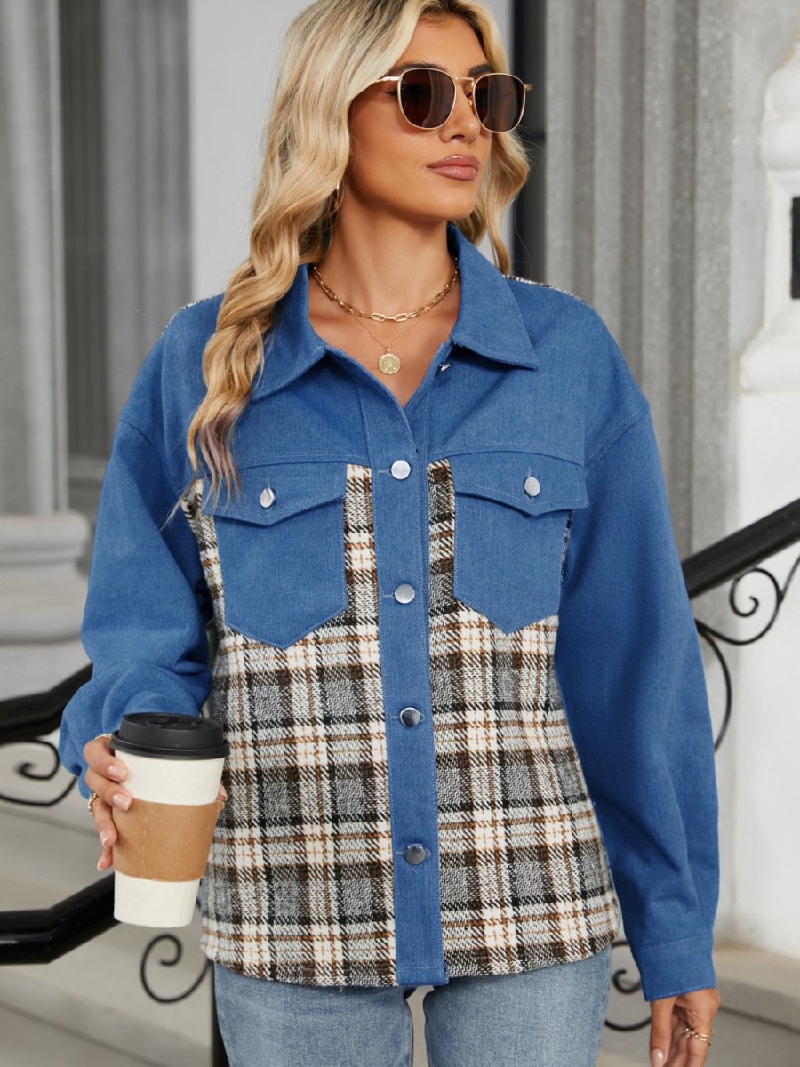 Plaid Button Up Long Sleeve Denim Jacket - Outerwear