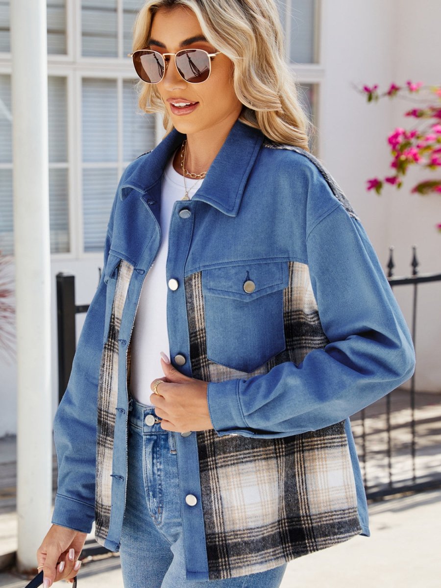 Plaid Button Up Long Sleeve Denim Jacket - Outerwear