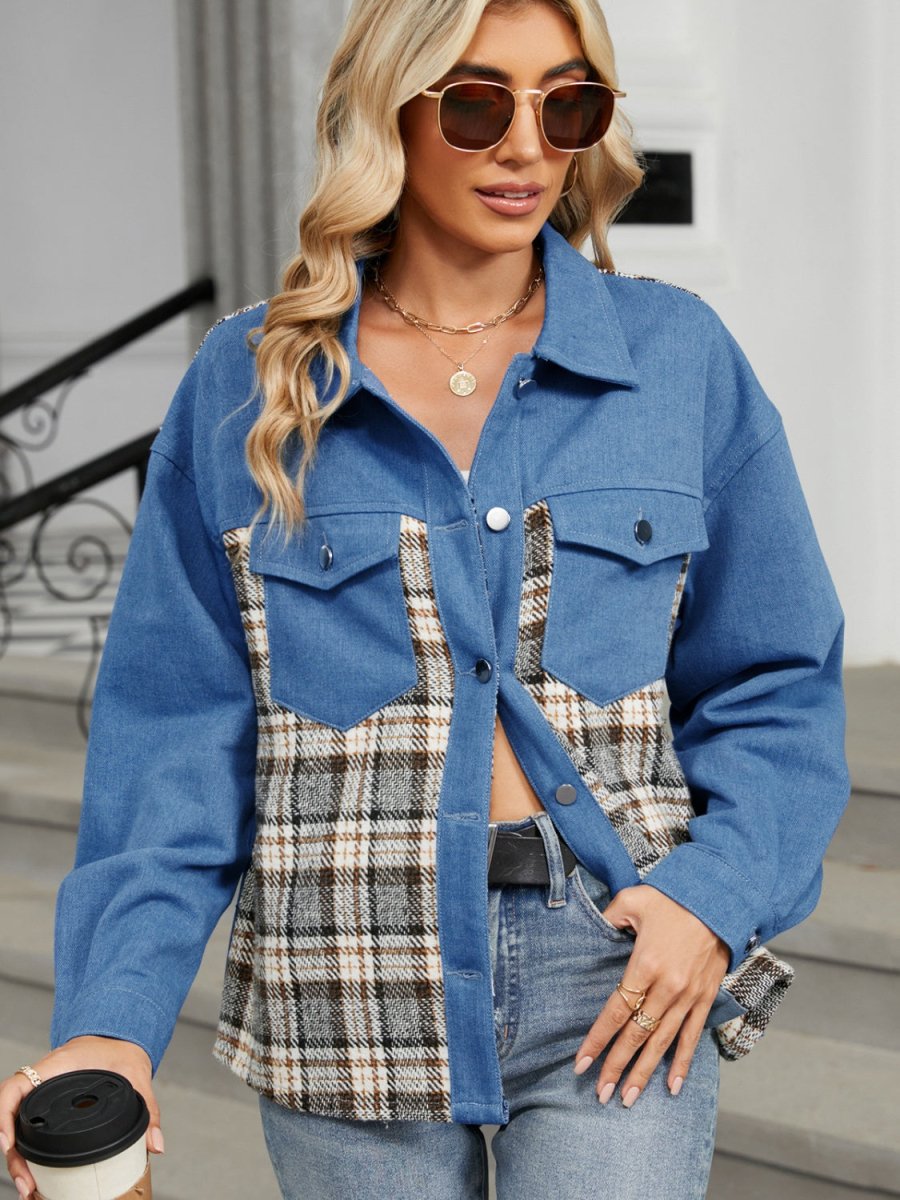 Plaid Button Up Long Sleeve Denim Jacket - Outerwear