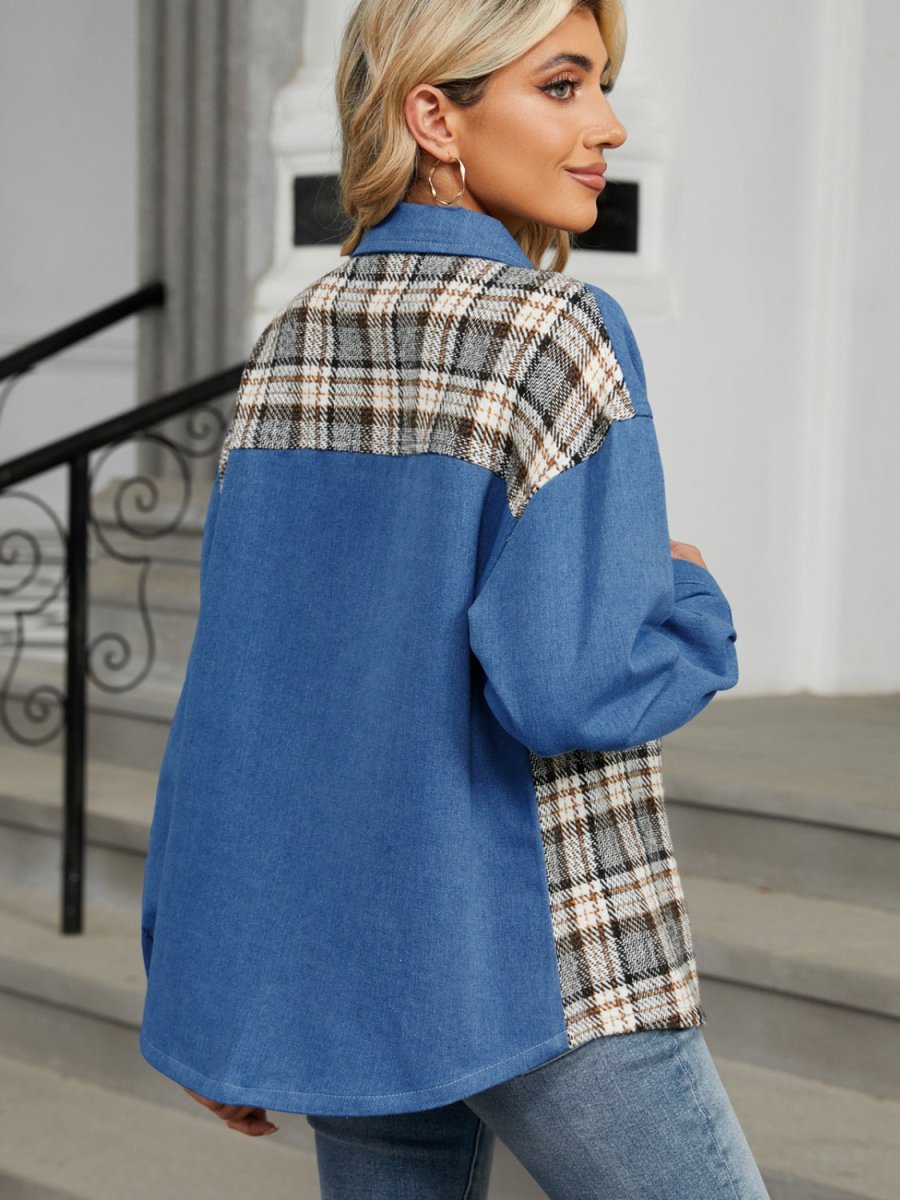 Plaid Button Up Long Sleeve Denim Jacket - Outerwear