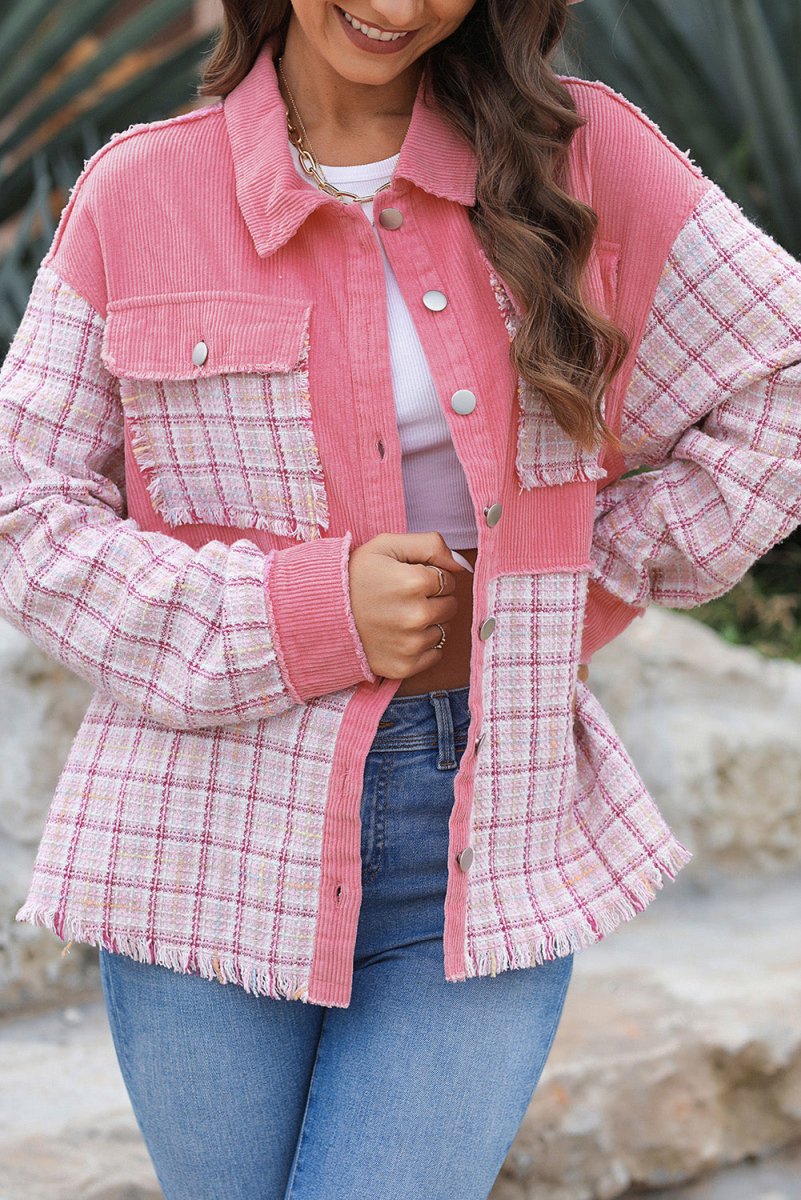 Plaid Button Up Long Sleeve Jacket - Outerwear