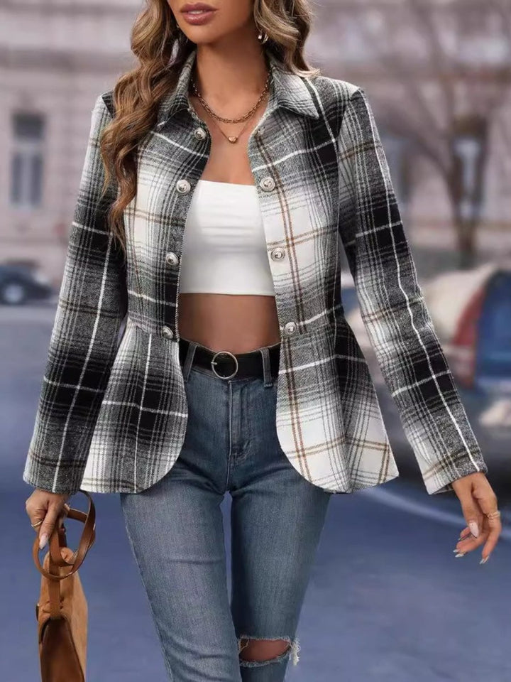 Plaid Button Up Long Sleeve Jacket - Outerwear
