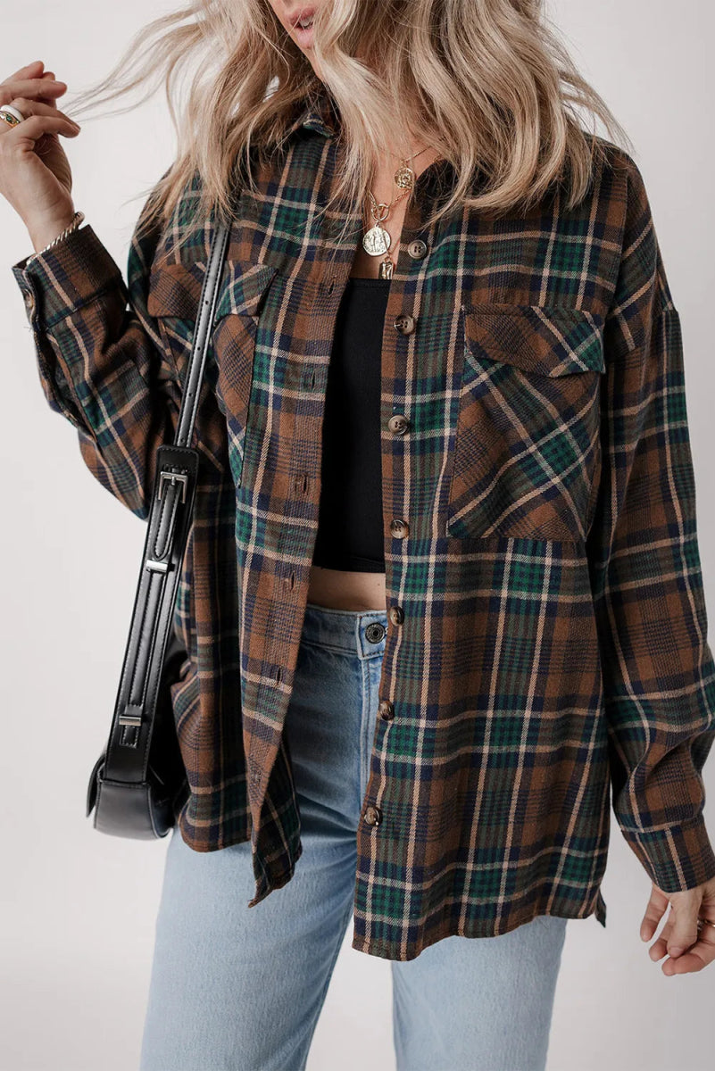 Plaid Button Up Long Sleeve Jacket - Outerwear