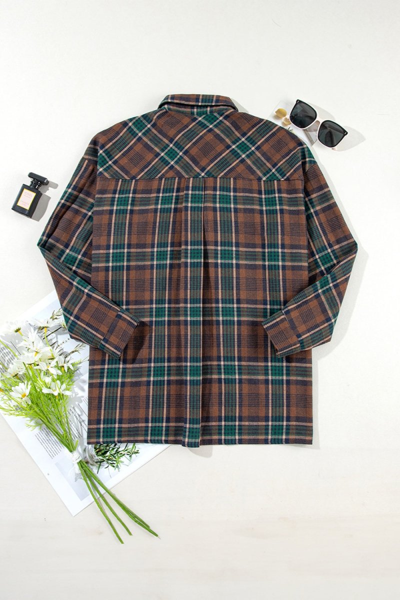 Plaid Button Up Long Sleeve Jacket - Outerwear