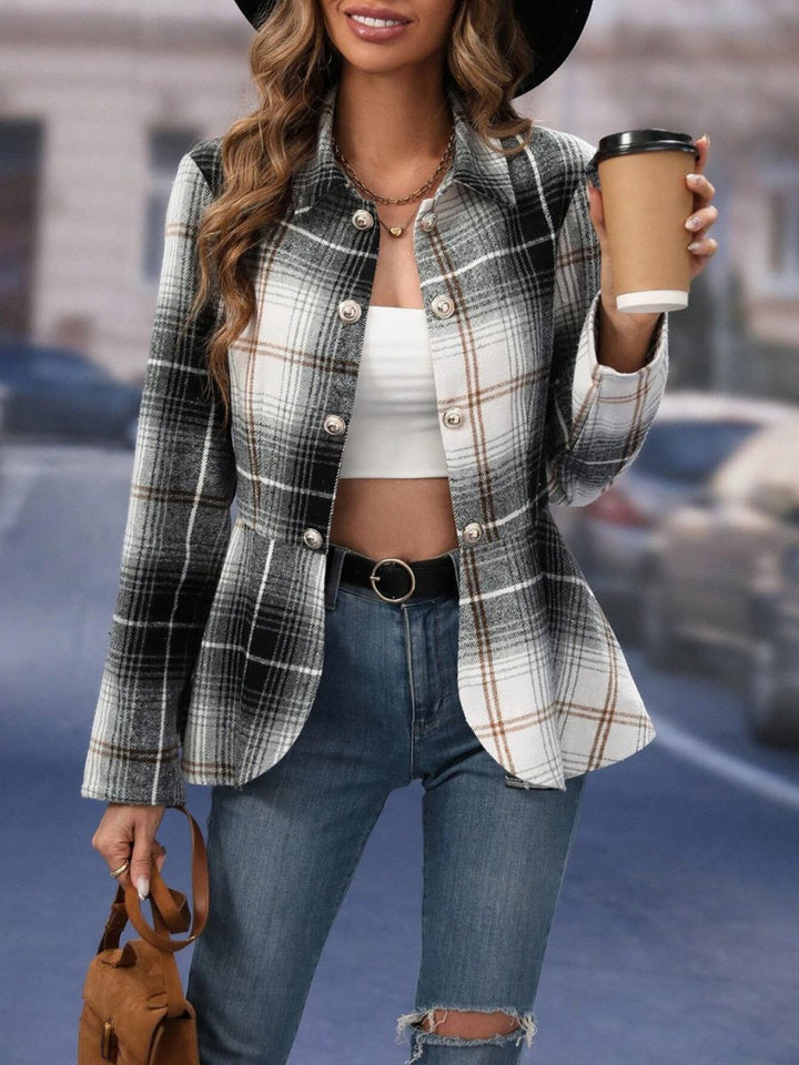 Plaid Button Up Long Sleeve Jacket - Outerwear