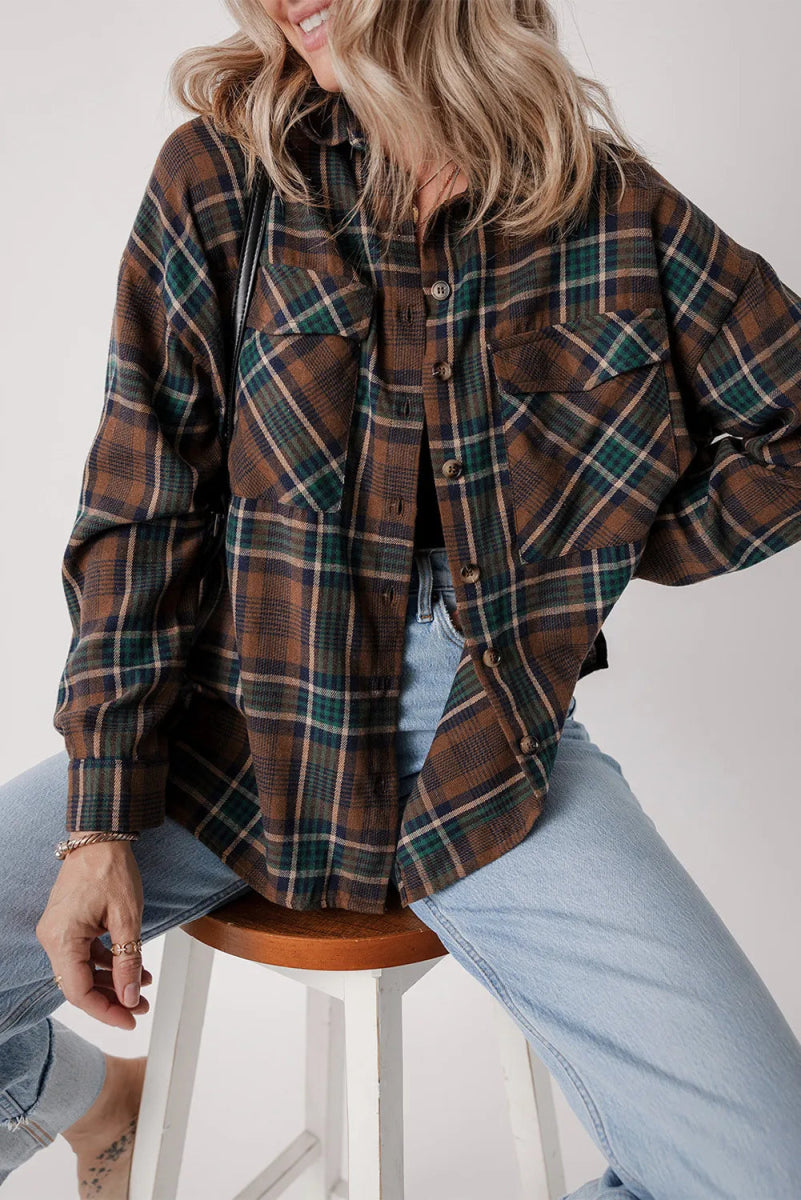 Plaid Button Up Long Sleeve Jacket - Outerwear