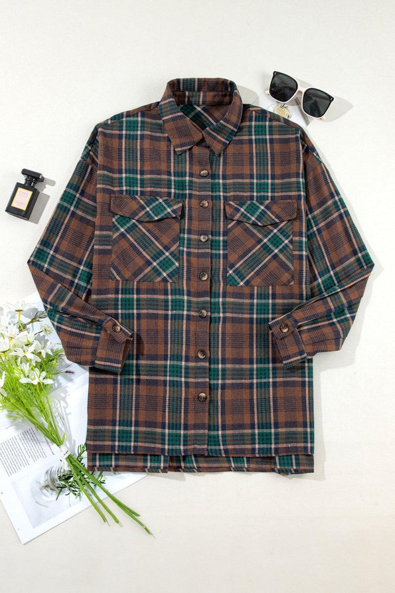 Plaid Button Up Long Sleeve Jacket - Outerwear