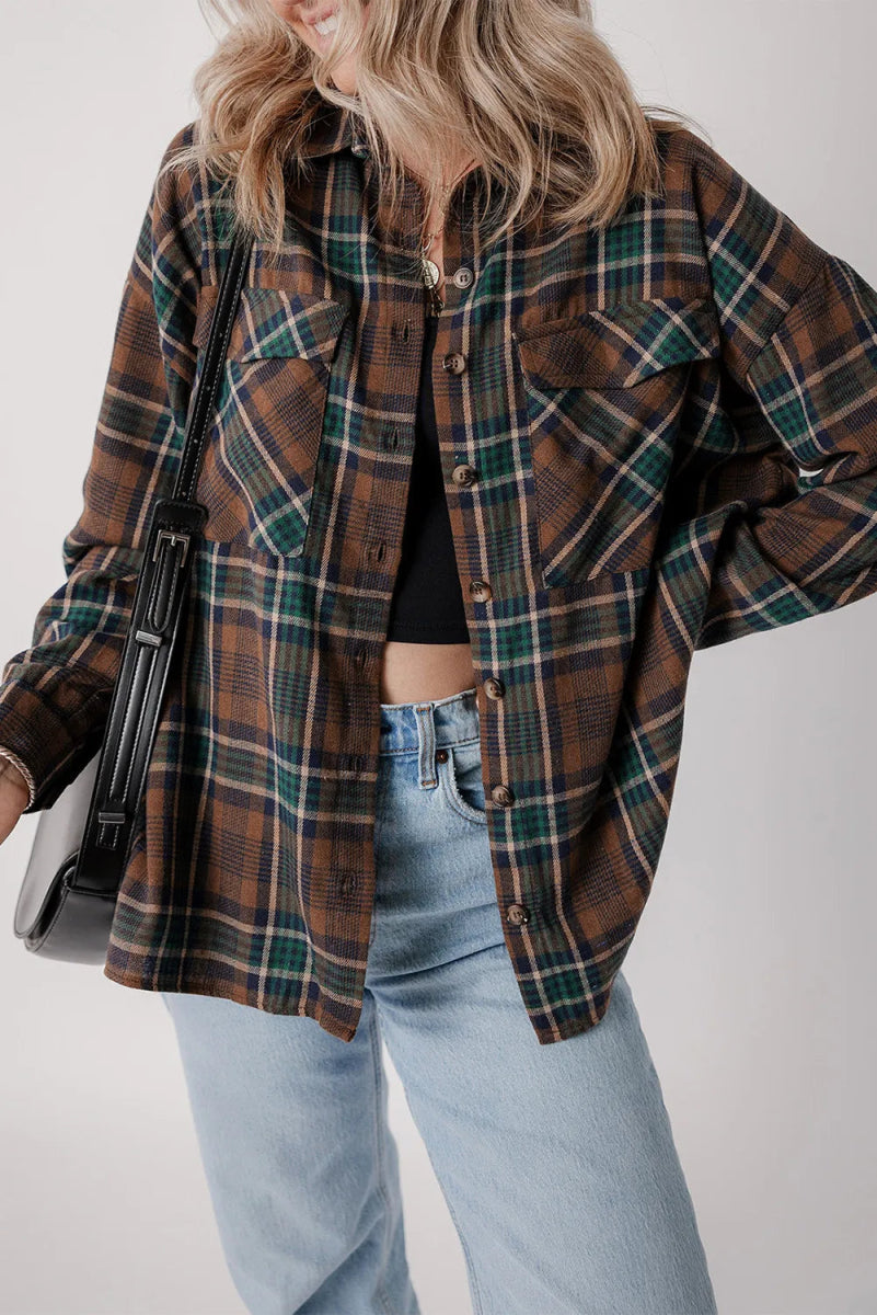 Plaid Button Up Long Sleeve Jacket - Outerwear