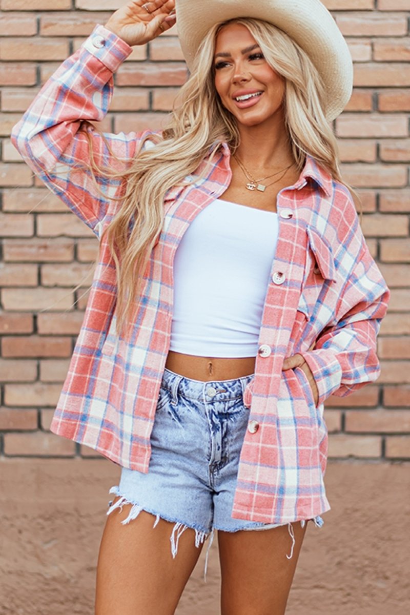 Plaid Button Up Long Sleeve Shacket - Outerwear