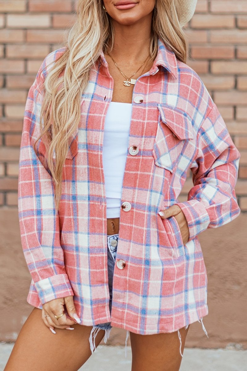 Plaid Button Up Long Sleeve Shacket - Outerwear