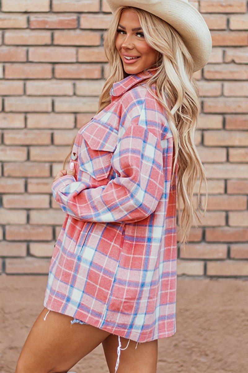 Plaid Button Up Long Sleeve Shacket - Outerwear
