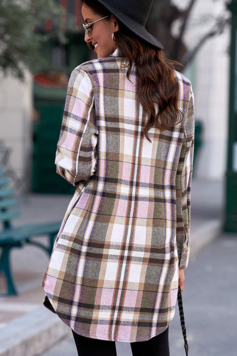 Plaid Button - Up Longline Shirt Jacket - Outerwear