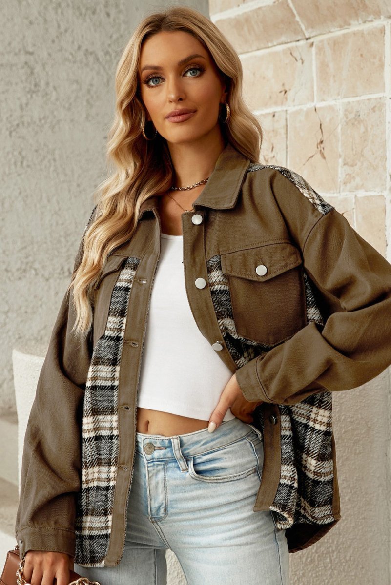 Plaid Collared Denim Jacket - Outerwear