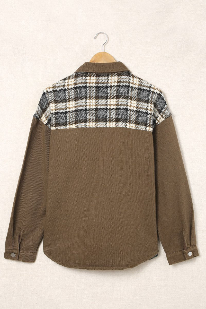 Plaid Collared Denim Jacket - Outerwear