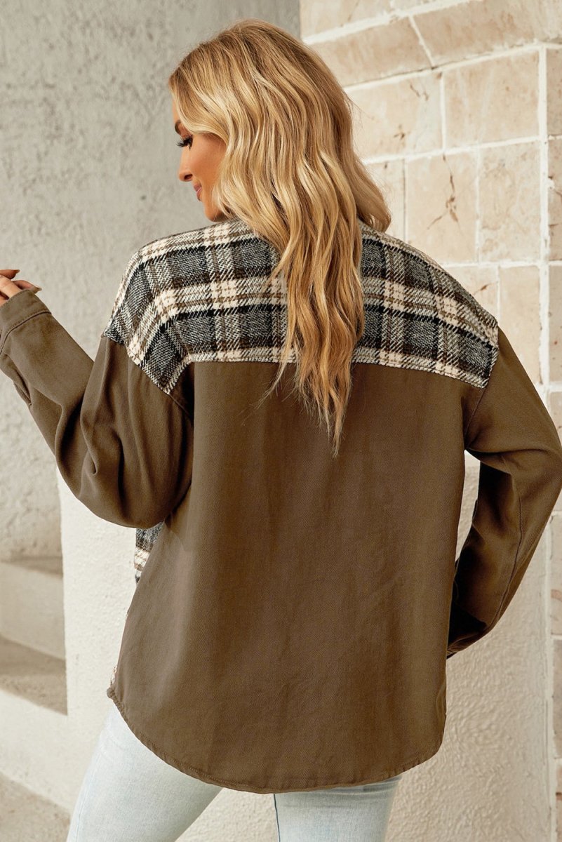 Plaid Collared Denim Jacket - Outerwear