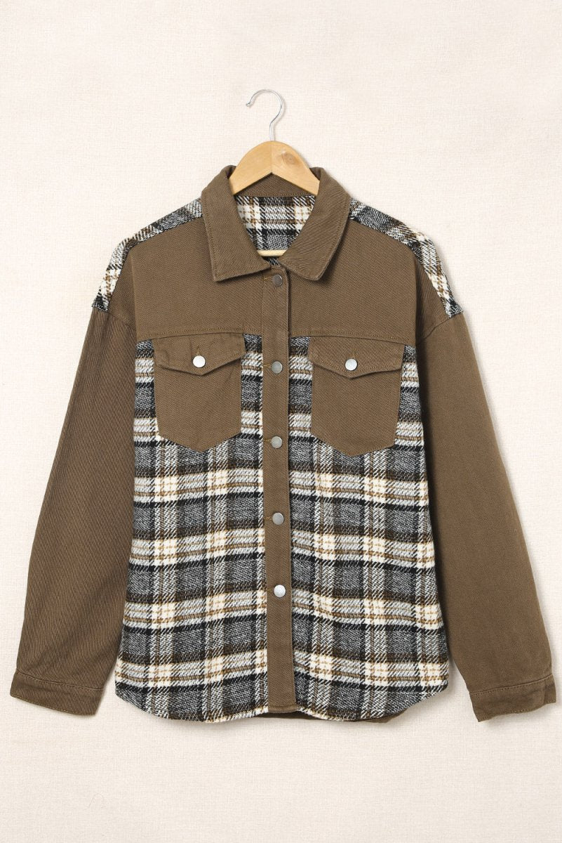 Plaid Collared Denim Jacket - Outerwear