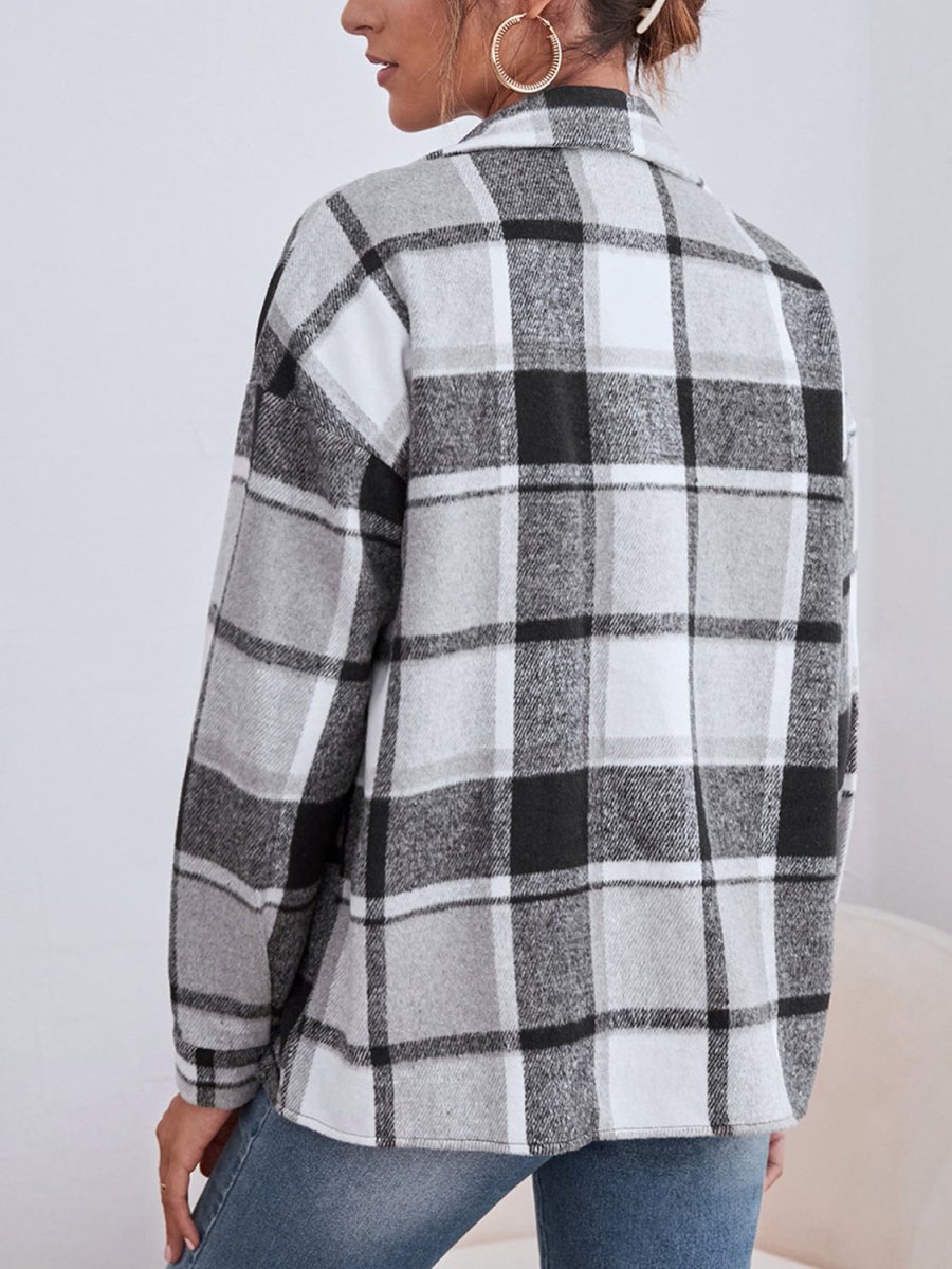 Plaid Collared Neck Button Down Jacket - Outerwear