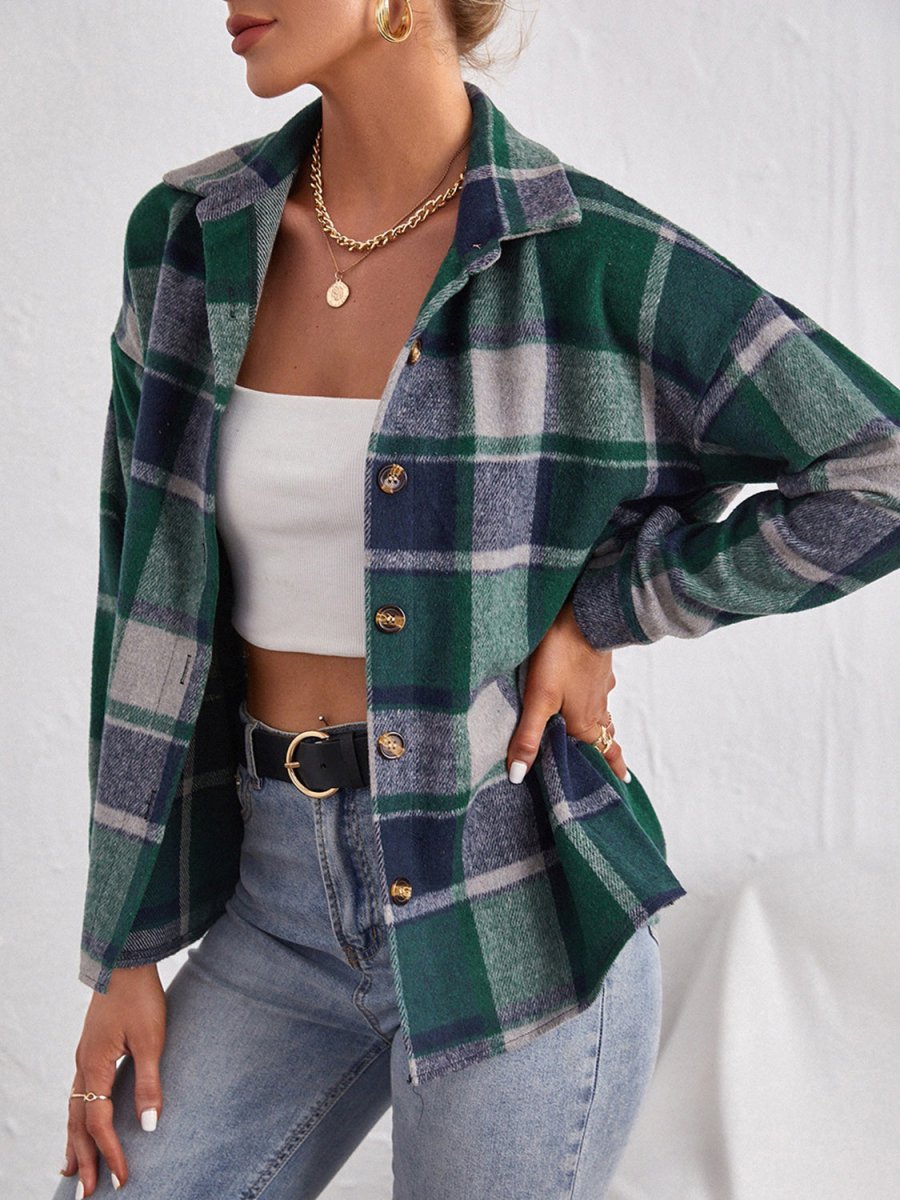 Plaid Collared Neck Button Down Jacket - Outerwear