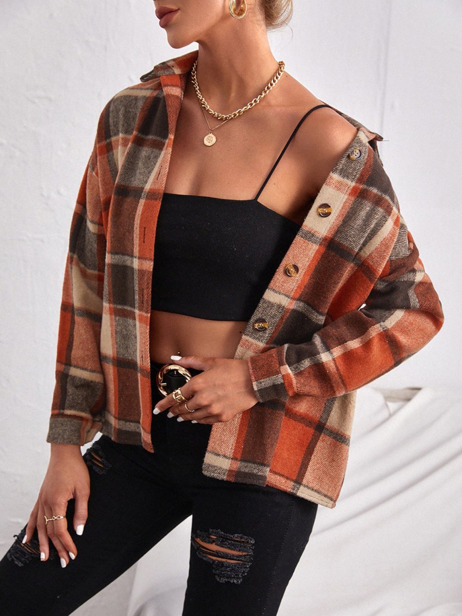 Plaid Collared Neck Button Down Jacket - Outerwear