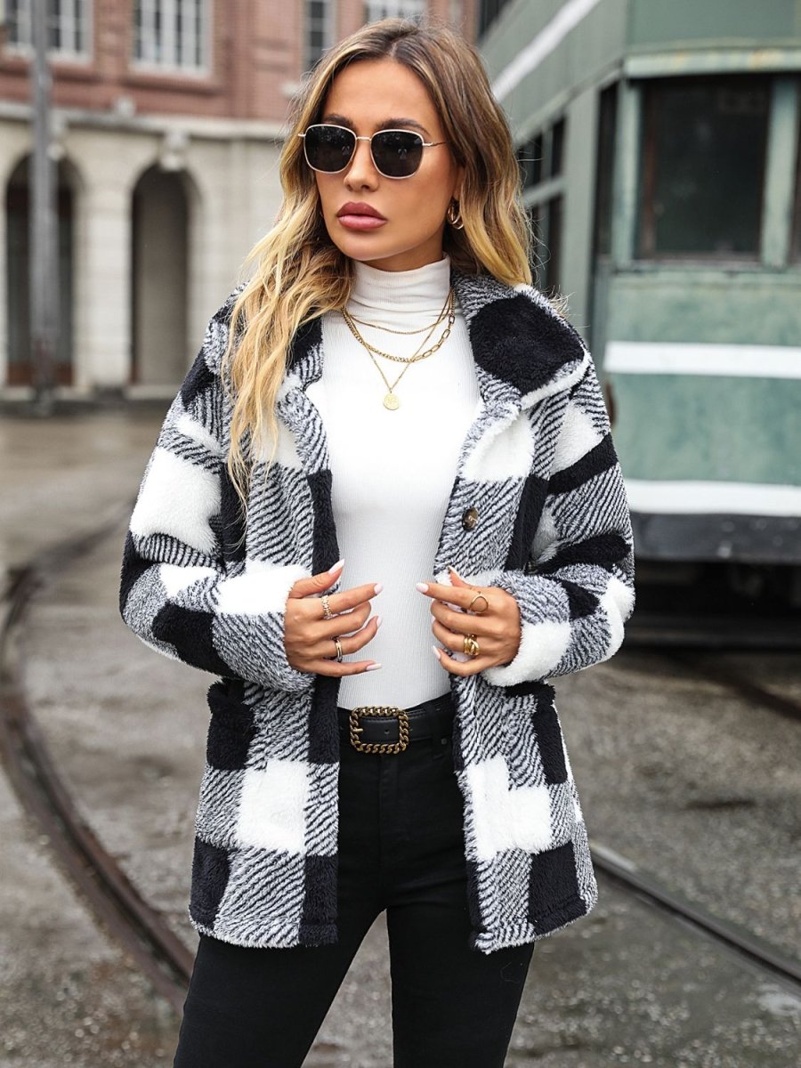 Plaid Collared Neck Button Down Jacket - Outerwear